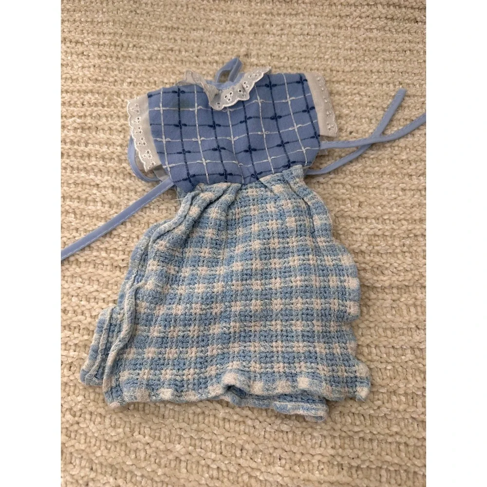 Vintage Doll Dress Blue Gingham Checkered Lace‎ Trim Teddy Bear Clothes Slip On